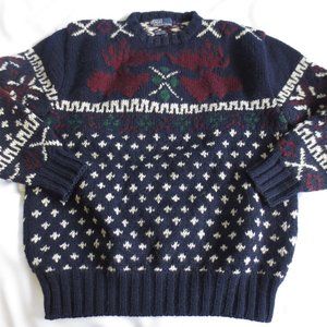 POLO by Ralph Lauren Heavy Wool Sweater Navy Blue Burgundy Moose Size Large